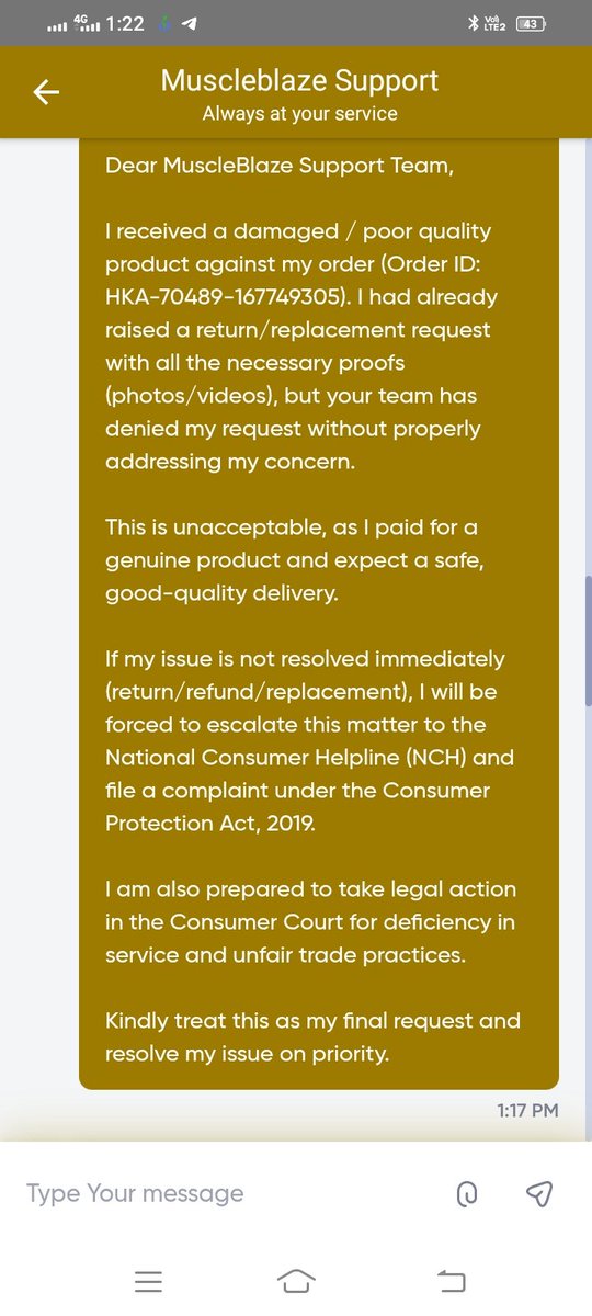 dayanandjaattt's tweet image. @jagograhakjago @DoC_GoI 

Mujhe @MuscleBlaze se damaged &amp;amp; unsealed product mila. Refund/return request bina reason ke reject kar di gayi.  

Maine sahi Act ke anusar request ki, par inhe kisi se koi dar nahi! 
Please take action 🙏  
Proofs attached.
#ConsumerRights #MuscleBlaze
