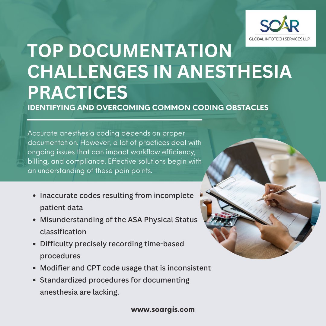Socialmedi16996's tweet image. Strong documentation = accurate anesthesia coding. Incomplete data & CPT errors slow billing & risk compliance.
Pro Tip: Audits & training keep workflows smooth.
#soarglobal#AnesthesiaCodingGuidelines #AnesthesiaCodes #CPTCodeAnesthesia #CodingAnesthesia #AnesthesiaMedicalCoding