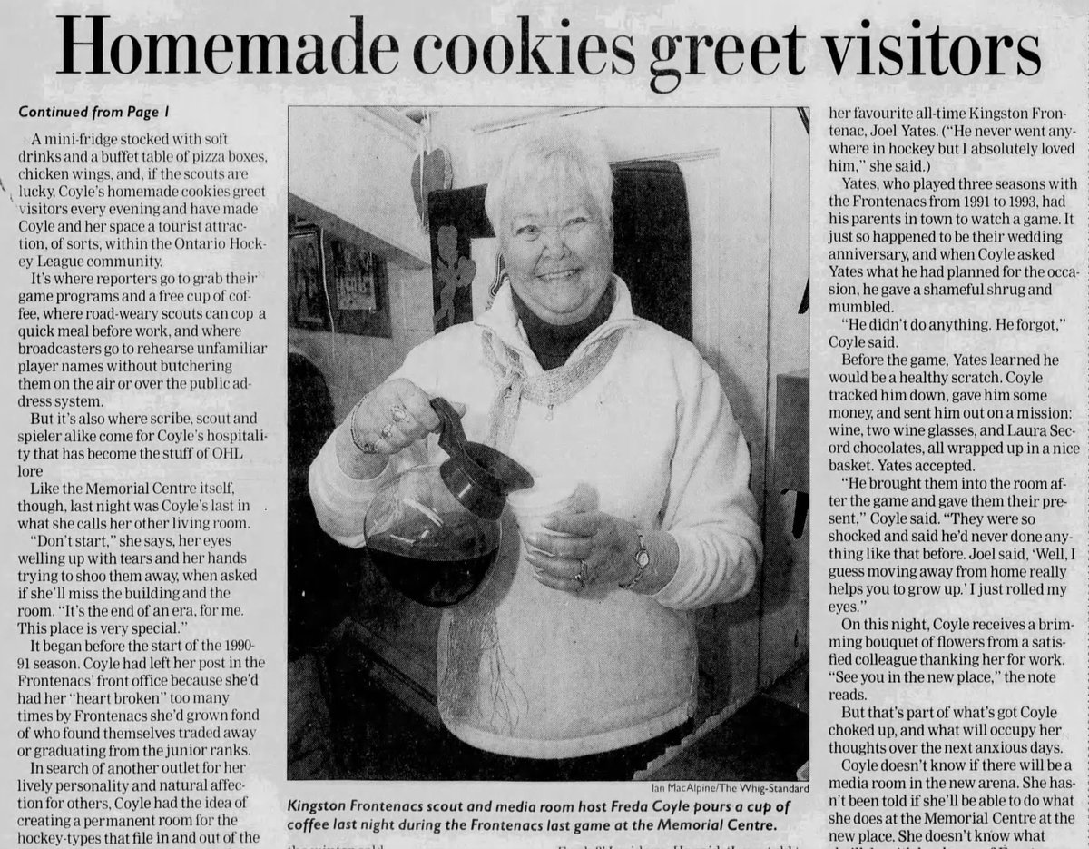 mpott43's tweet image. Sad to learn of the passing of Freda Coyle. For decades Freda ran the media room at @KingstonFronts games with her trademark hugs and homemade cookies. Fondly remembered by @OHLHockey media &amp;amp; NHL scouts. Her late husband Len was a longtime trainer with the Fronts.