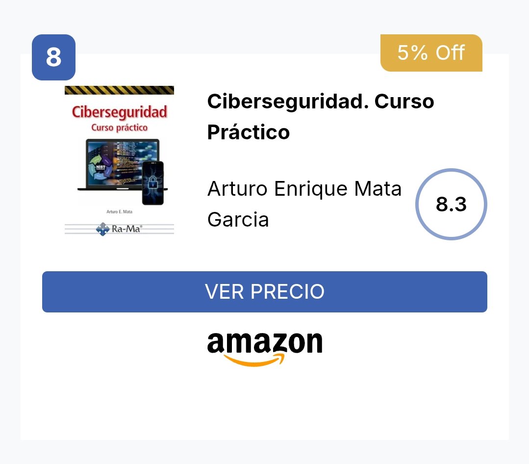 matarturo's tweet photo. 🥳 Mi libro "Ciberseguridad. Curso Práctico" acaba de conseguir el PUESTO 8 en el ranking de BuyBuzz España (Septiembre 2025).
​ ¡Es una mega validación al trabajo hecho!
​#Ciberseguridad #Puesto8  #BuyBuzz #Top10 https://t.co/RpIZWFIMO8