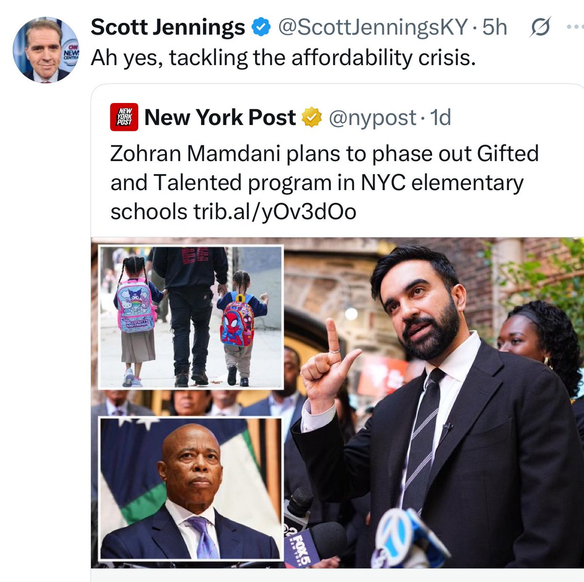 Many are making this joke about Mamdani’s goals vs his affordability message.

The more important point: this move will make the public education system in NYC less affordable by driving down enrollment. 

In its own Exit Survey of parents disenrolling their children, <a href="/NYCSchools/">NYC Public Schools</a>