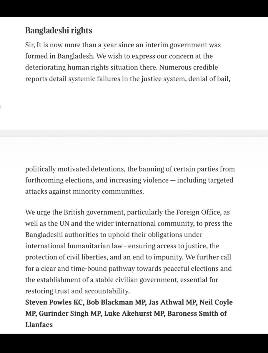 Support this important letter in The Times today.
Bangladesh is facing a serious breakdown of law and order, minority communities are being systematically attacked by mobs while justice and accountability are absent.
<a href="/Keir_Starmer/">Keir Starmer</a> <a href="/UKLabour/">The Labour Party</a> <a href="/TulipSiddiq/">Tulip Siddiq</a>
#HumanRights #Justice