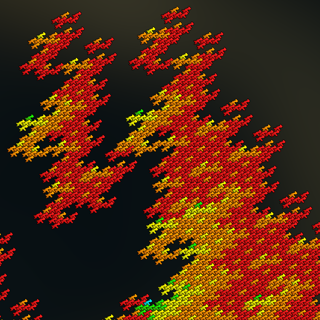 This image is made of a single, deformed self-replicating heptadiamond taking six iterations. 
It appears to be shaped like a witch on a broomstick with a large wart on her nose. #mcescher #escherart #escher #mathart #digitalart #witch #Tissellator