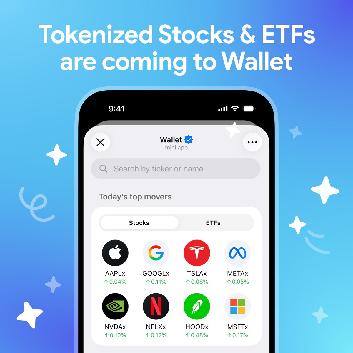 🔥CỔ PHIẾU VÀ ETF MỸ SẮP CÓ MẶT TRÊN TELEGRAM WALLET 
Kỷ nguyên mới của sự giao thoa giữa TradFi và Crypto

Theo thông báo mới nhất, Telegram Wallet đã hợp tác với Kraken và BackedFi để sớm mang cổ phiếu của các công ty lớn như Apple, Tesla, Nvidia và chỉ số