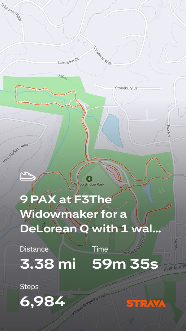 9 PAX at F3The Widowmaker for a DeLorean Q with 1 walker <a href="/F3Alpha/">F3 Alpha</a>

strava.app.link/gbehpDHTbXb