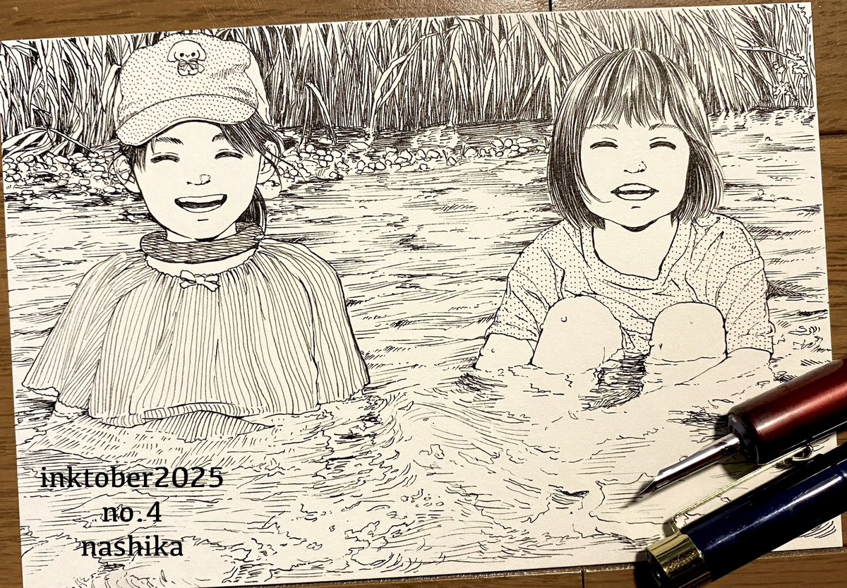 nashika_t's tweet photo. 濁った川ではなかったけど
ちょっとの水遊びのつもりが最終的に
これになってて驚いた夏の思い出
#inktober2025
#kuretake_inktober2025
#インクトーバー2025 https://t.co/5UqpmGb6sV