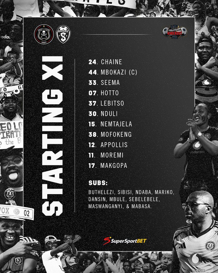 𝑺𝒕𝒂𝒓𝒕𝒊𝒏𝒈 𝑿𝑰

#CarlingKnockout Orlando Pirates starting lineup 

🆚 Siwelele FC
⏰15:00

#LimSportsZone