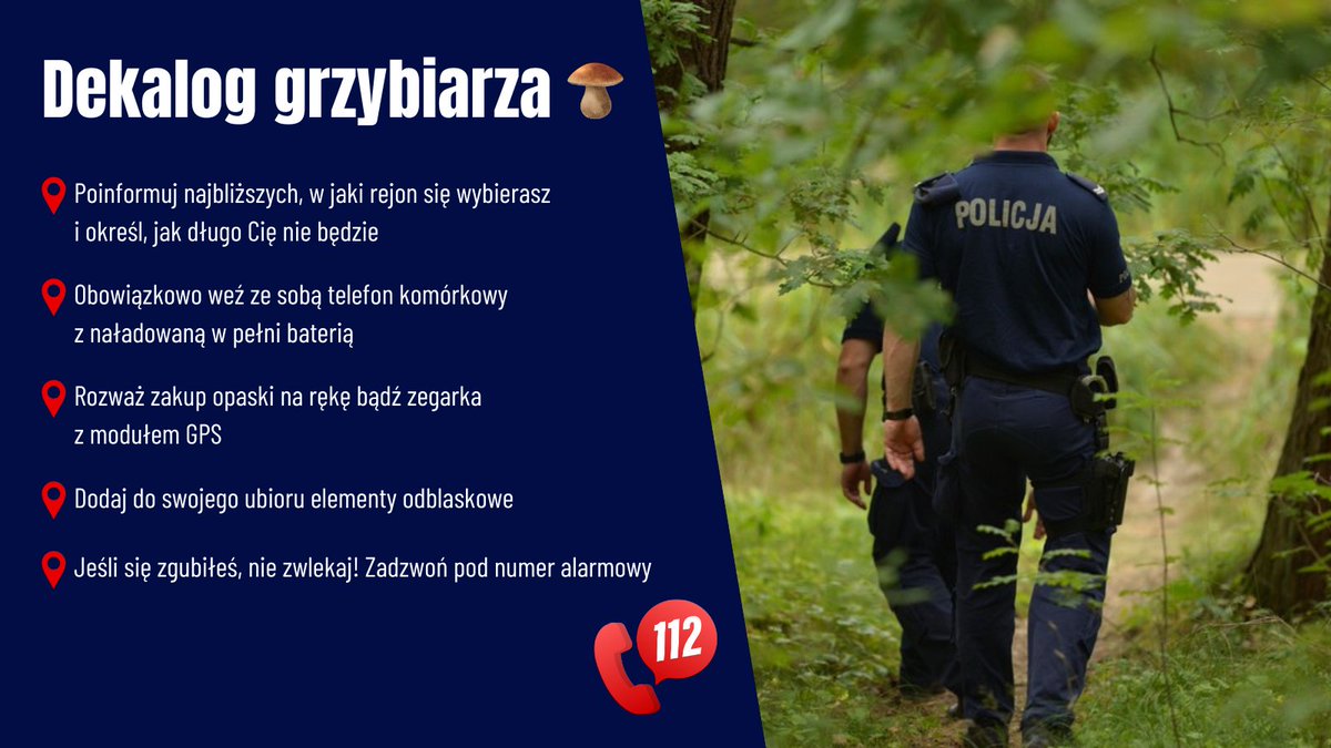 Dekalog grzybiarza 🍄🌲

☝️Niemal każdego dnia Policja otrzymuje zgłoszenia o zaginięciach osób podczas grzybobrania.

➡️ Wybierając się do lasu pamiętajmy o kilku zasadach bezpieczeństwa:

✅ Nie chodźmy do lasu sami. Jeśli jednak idziemy w pojedynkę pamiętajmy, by poinformować