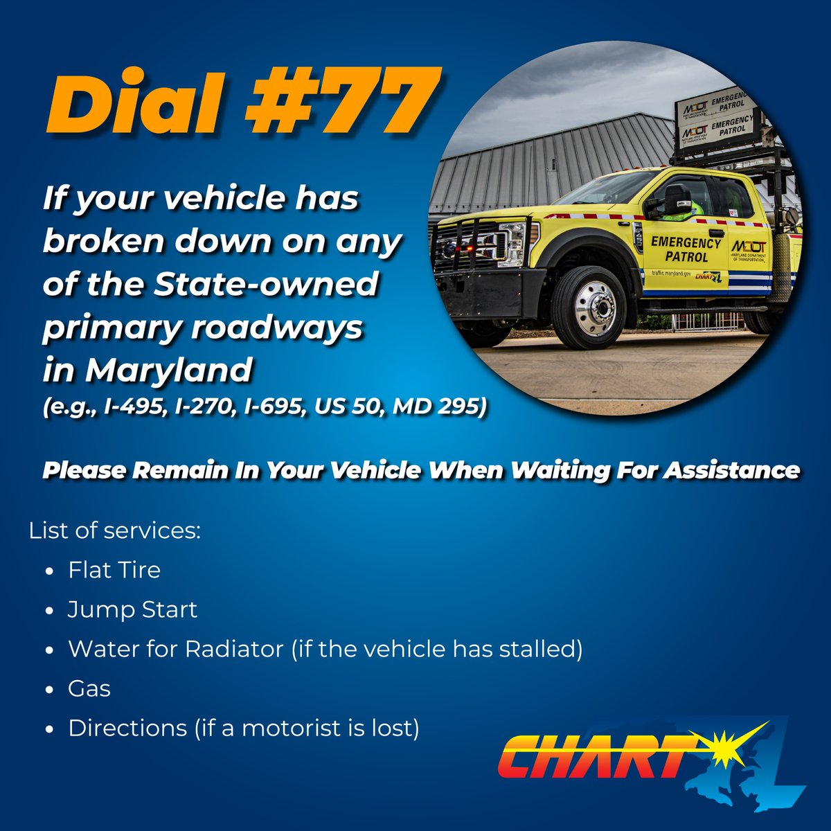 MDSHA's tweet image. Before you hit the road, make sure your vehicle is ready: check tires, fluids, and lights. It helps prevent breakdowns. If disabled, move to the shoulder, turn on hazards, STAY IN your vehicle, and dial #77 for help. Safety first! #MDOTsafety #RoadReady