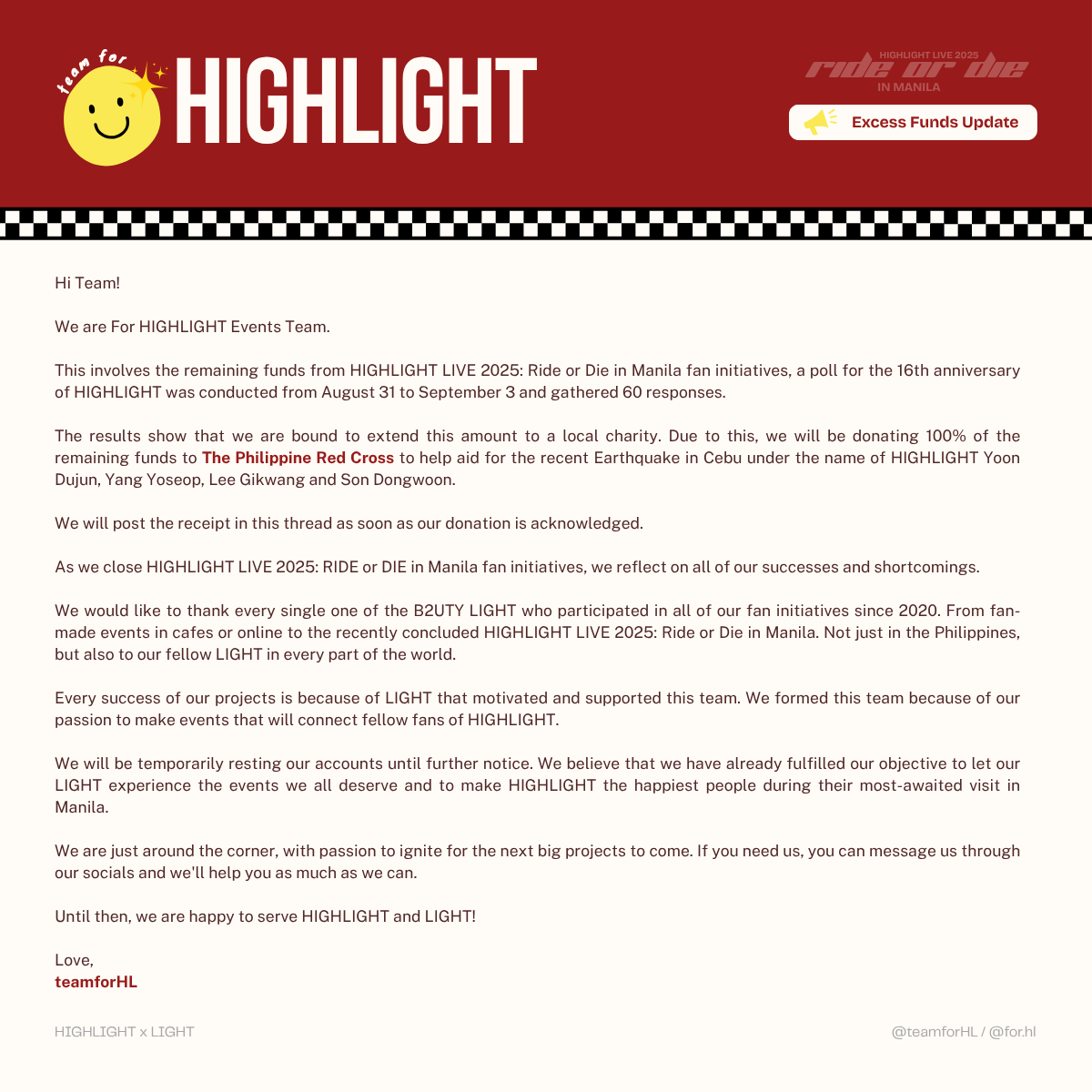 ‼️Hi Team! Huddle time!📢📢📢

We are For HIGHLIGHT Events Team.

This involves the remaining funds from HIGHLIGHT LIVE 2025: Ride or Die in Manila fan initiatives, a poll for the 16th anniversary of HIGHLIGHT was conducted from August 31 to September 3 and gathered 60 responses.