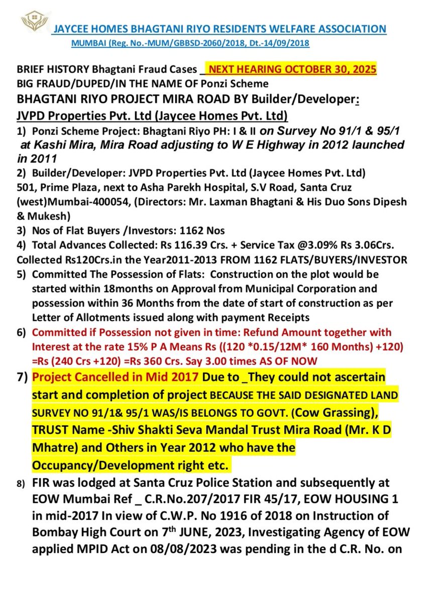 Bhagtani_JVPD's tweet photo. @TV9Marathi The allegations of fraud cheating against Builder Laxman Bhagtani and sons Dipesh and Mukesh directors of JVPD Properties and Jaycee Homes They are accused of collecting over Rs 427+13 Crores Service Tax FROM BUYERS now Over 1326 CRS seeking refunds &amp; justice https://t.co/xcZpy3Lz6z