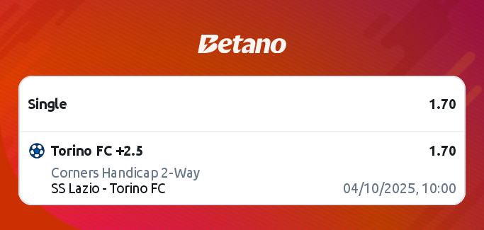 Aposta Exclusiva da Página - Underdog 

 🇮🇹Serie A
🕙04/10 - 10:00H 
⚽️Lazio 🆚 Torino 
🎯Torino AH Escanteios +2.5
📊1.70
📚Betano
💡Aposte c/Gestão-Responsabilidade 

#BettingTips #Apostas #SerieA #LazioTorino #Pronostico #Odds