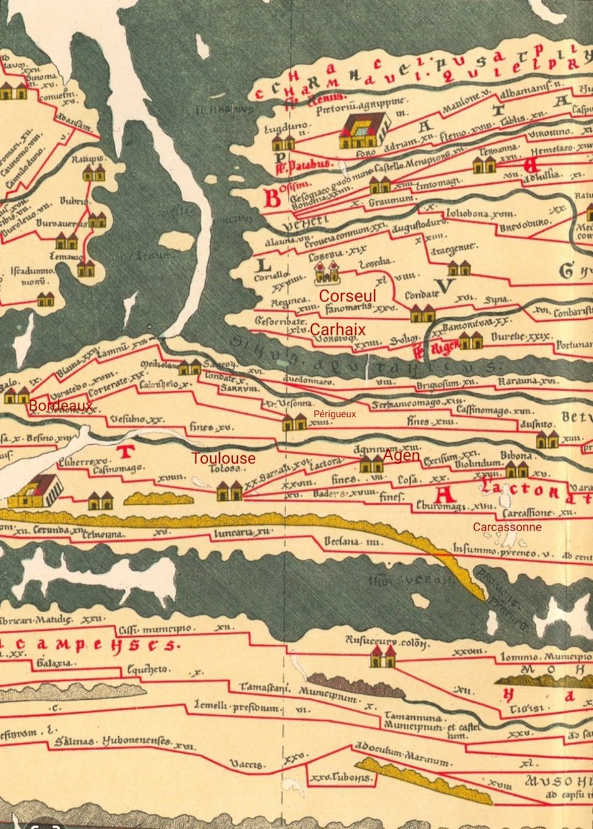 Une petite invitation au voyage en Gaule romaine avec <a href="/PeregrinaCastra/">Castra Peregrina</a> le long du cursus publicus représenté sur la carte des itinéraires romains de Peutinger (IVe siècle ).

En trait rouge ce sont les voies romaines, avec les étapes indiqués en noir et les milles romains qui les