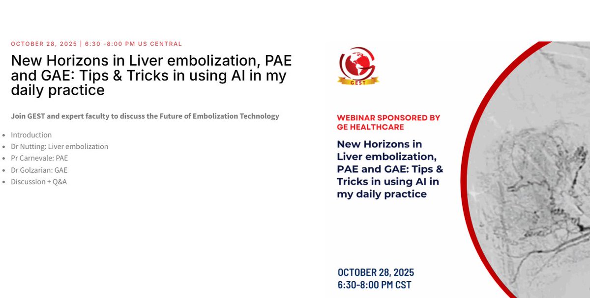 IR_Pathway's tweet photo. A FREE webinar on October 28th will cover advanced embolization techniques, including PAE and GAE, as well as the use of AI-based tools to enhance procedural outcomes.
🗓️ Date: October 28
💻 Registration: https://t.co/D3FNIiLTJ7
#IRPathway #InterventionalRadiology #IslamElhelf https://t.co/lE7fARBk4h