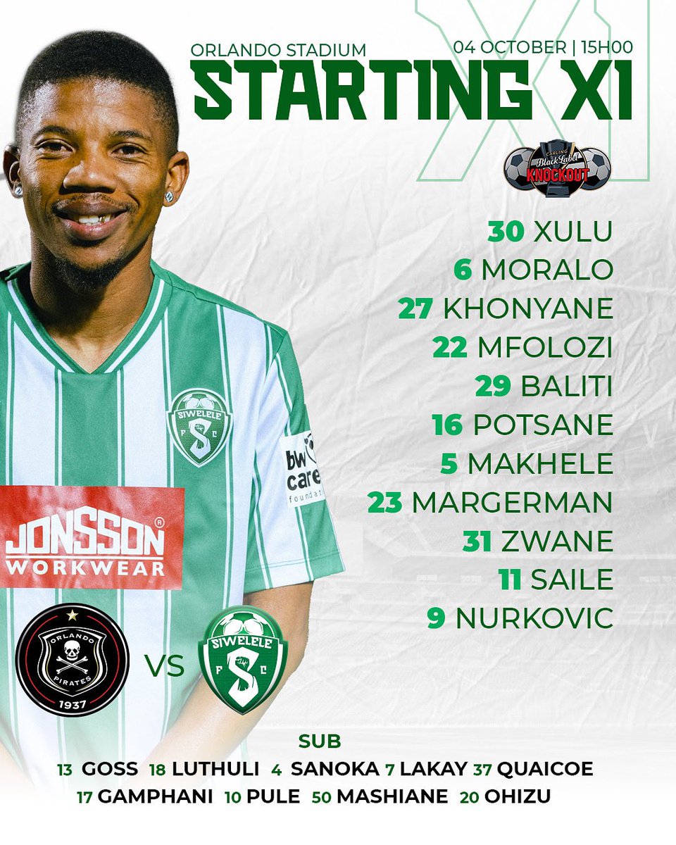 𝑺𝒕𝒂𝒓𝒕𝒊𝒏𝒈 𝑿𝑰

#CarlingKnockout Siwelele FC  starting lineup 

🆚 Orlando Pirates 
⏰15:00

#LimSportsZone