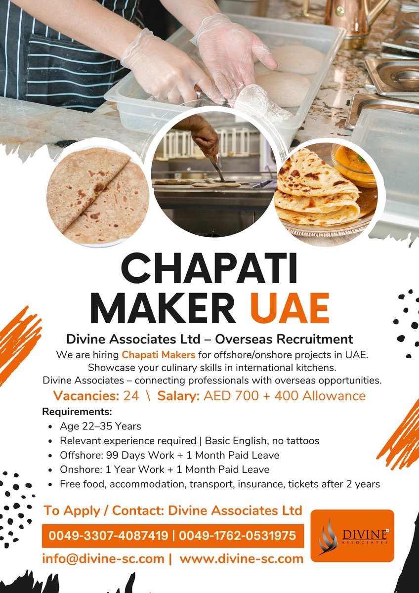 DivineAssociat's tweet image. Step into international kitchens as a Chapati Maker in UAE with Divine Associates Ltd – secure your overseas career today!
#DivineAssociatesLtd #UAEJobs #ChapatiMaker #GulfJobs #OverseasRecruitment
