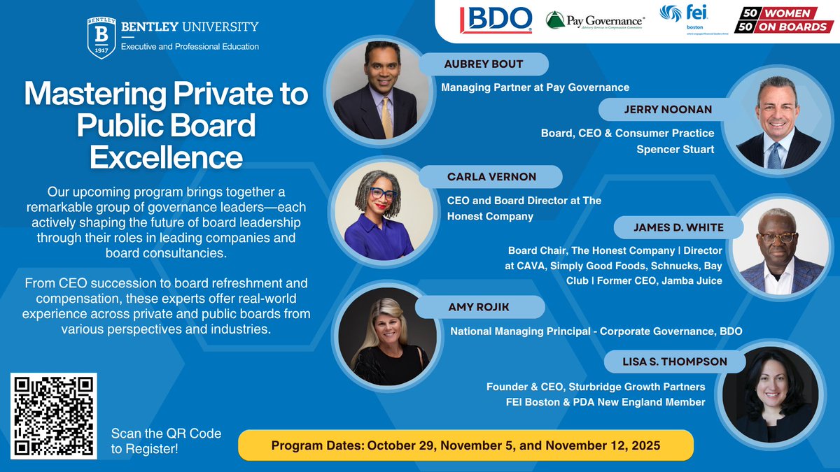 Cynthia E. Clark PhD (@cynthiaclarkphd) on Twitter photo Many C-suite executives have industry expertise but most also need #governance expertise - that's what this 3-day, 3-hour course is about. For both #private and #public companies. <a href="/bentleyu/">Bentley University</a> <a href="/BENTLEYExecEd/">BENTLEY Executive Ed</a> #corpgov #boards
Take a look at this line-up! Starting Oct. 29th! Many C-suite executives have industry expertise but most also need #governance expertise - that's what this 3-day, 3-hour course is about. For both #private and #public companies. <a href="/bentleyu/">Bentley University</a> <a href="/BENTLEYExecEd/">BENTLEY Executive Ed</a> #corpgov #boards
Take a look at this line-up! Starting Oct. 29th!