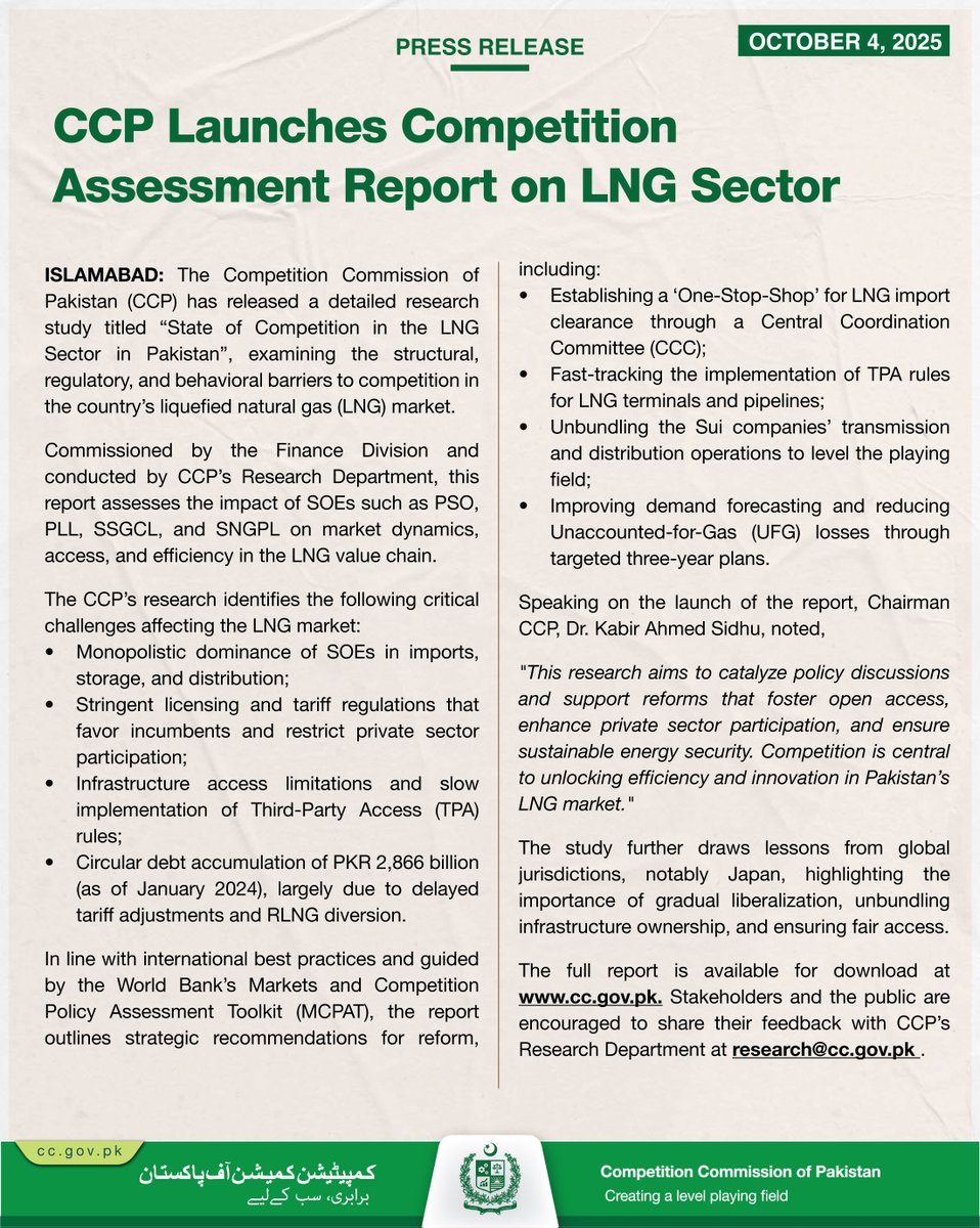 CCP_Pakistan's tweet photo. The Competition Commission of Pakistan (CCP) has released a detailed research study titled “State of Competition in the LNG Sector in Pakistan”, examining the structural, regulatory, and behavioral barriers to competition in the country’s liquefied natural gas (LNG) market. https://t.co/j9MiR7hyF3
