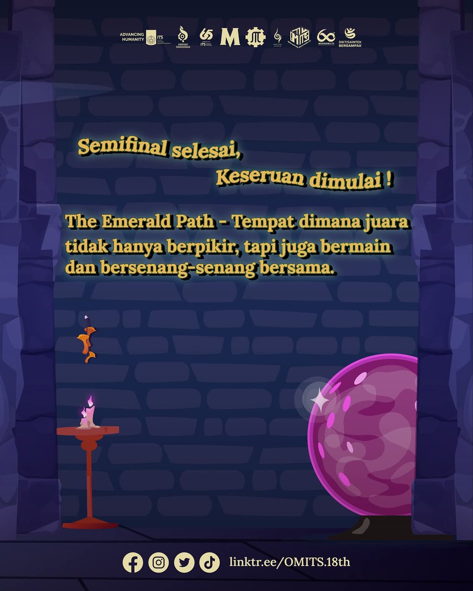 THE EMERALD PATH🧙🏻

Sebuah perjalanan seru yang hadir setelah babak Semifinal OMITS 18th, untuk mengisi waktu peserta sambil menanti pengumuman Final!

Nah, di Emerald Path ini ada dua kegiatan utama yang nggak kalah menarik, yaitu:
Voyagers Plays dan Voyagers Corner💥🤏🏻