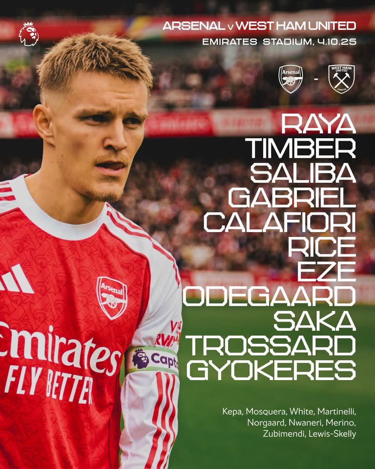 📋 ¡Equipo confirmado para enfrentar al West Ham! 

#️⃣ #ARSWHU #COYG