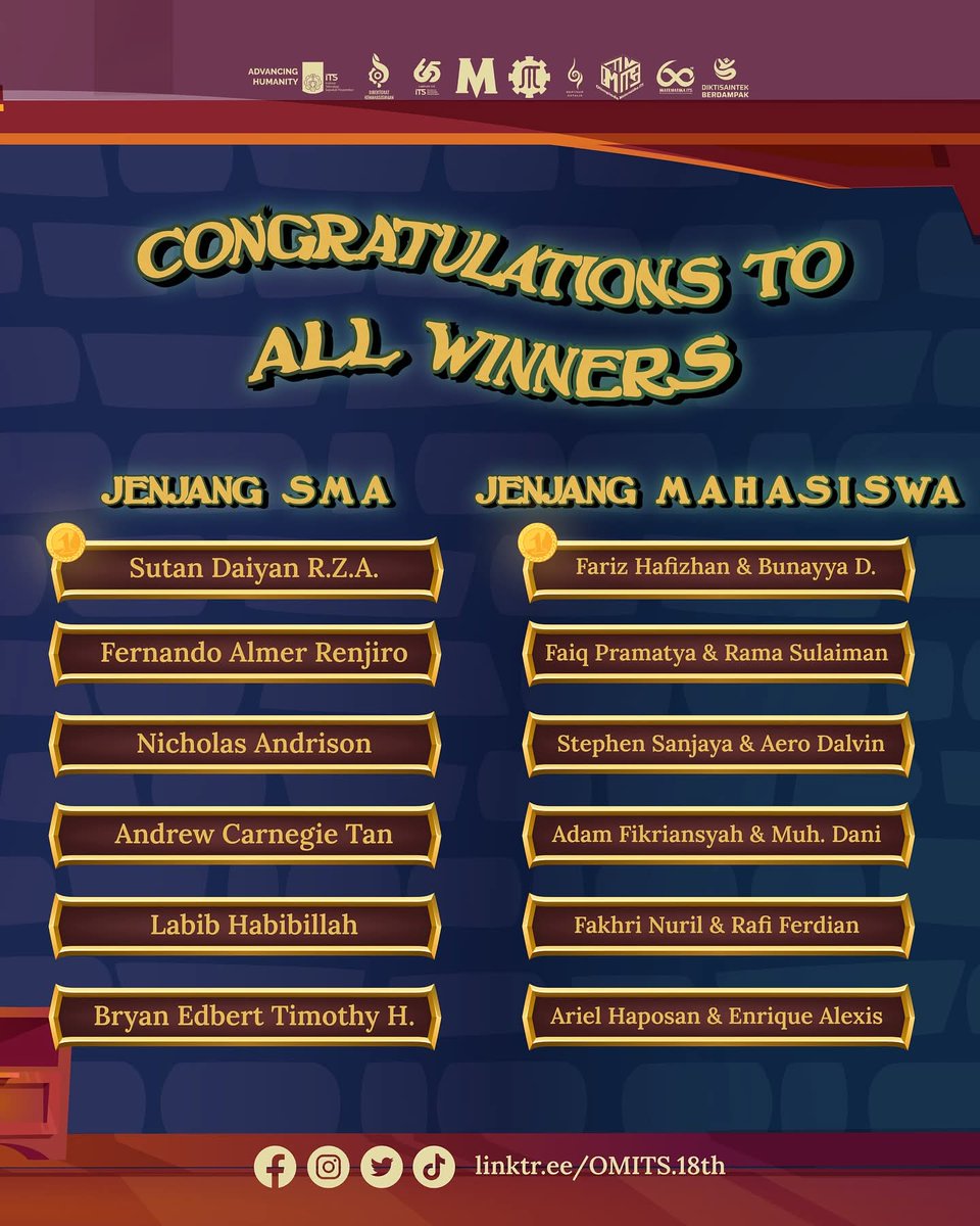 PENGUMUMAN SEMIFINAL

The battle continues!

Selamat kepada The Emerald Voyagers yang berhasil lolos Semifinal dan melanjutkan kompetisi nya ke babak Final OMITS 2025 &amp; Mission 9.0!

Kini waktunya bersiap untuk babak berikutnya lebih menantang, lebih seru, dan lebih bermakna
