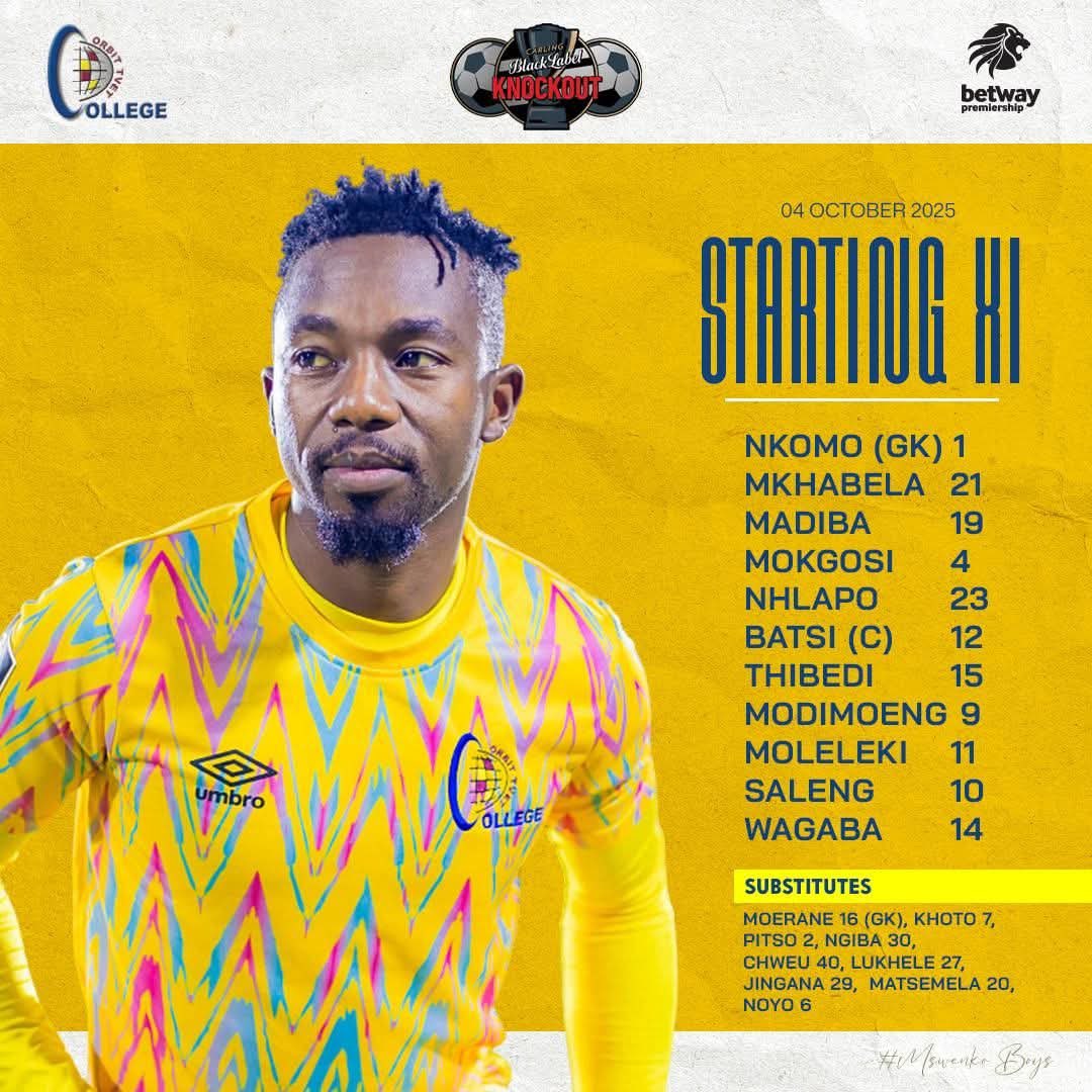 𝑺𝒕𝒂𝒓𝒕𝒊𝒏𝒈 𝑿𝑰

#CarlingKnockout Orbit College starting lineup 

🆚 TS Galaxy 
⏰15:00

#LimSportsZone