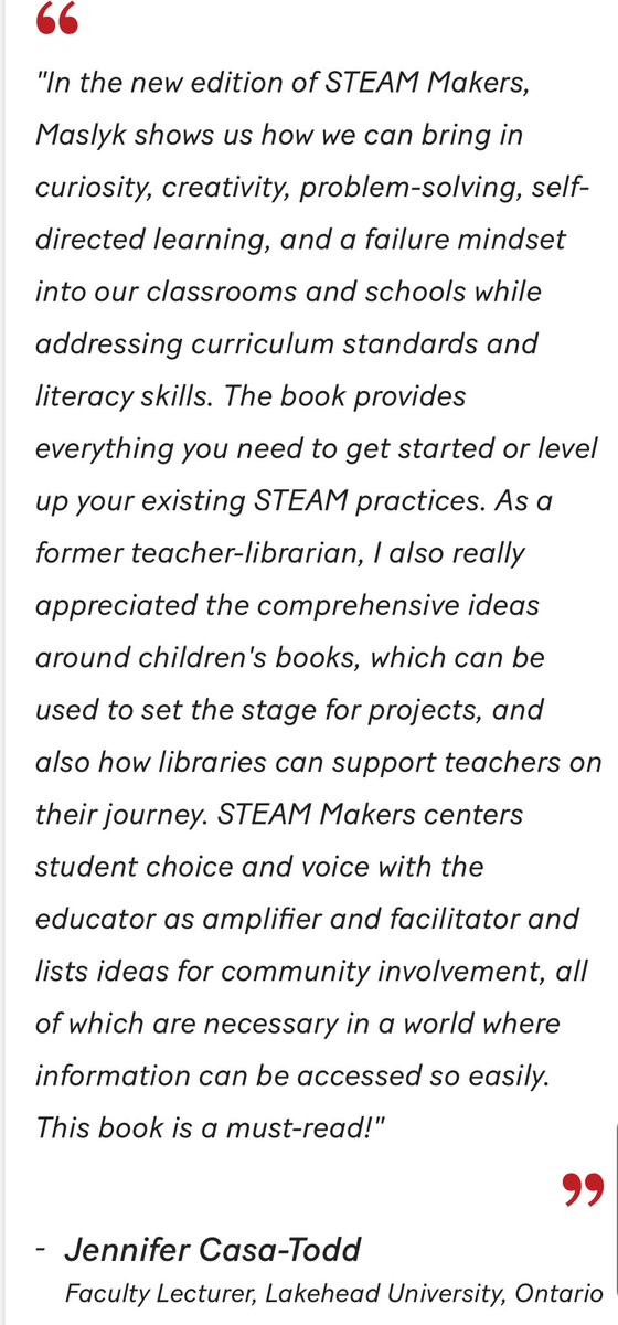 DrJacieMaslyk's tweet image. Take a look at what #librarians #library #educators are saying about the new edition of #STEAMMakers 👇