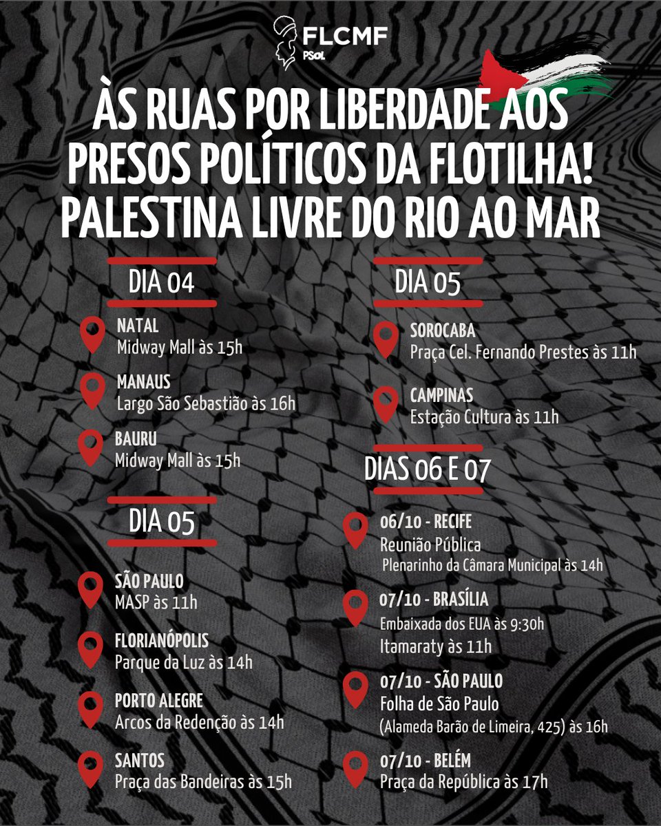 Fundação Lauro Campos e Marielle Franco (@fundacaolcmf) on Twitter photo Vamos às ruas por liberdade aos presos políticos da Global Sumud Flotilla e por uma Palestina livre do rio ao mar!
14 brasileiros estão presos em Israel, entre eles 3 militantes do PSOL: a vereadora <a href="/mariana_psol/">Mariana Conti</a>, a presidente do PSOL-RS Gabi Tolotti e o prof. Nico Calabrese! Vamos às ruas por liberdade aos presos políticos da Global Sumud Flotilla e por uma Palestina livre do rio ao mar!
14 brasileiros estão presos em Israel, entre eles 3 militantes do PSOL: a vereadora <a href="/mariana_psol/">Mariana Conti</a>, a presidente do PSOL-RS Gabi Tolotti e o prof. Nico Calabrese!