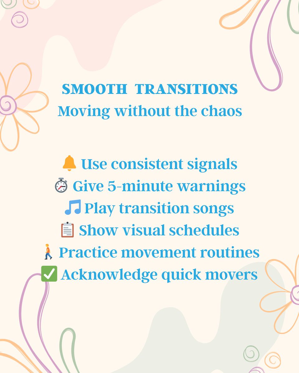 SEL4USA's tweet image. ➡️ Transitions don&apos;t have to be chaotic!

Use consistent signals, give 5-minute warnings, play transition songs, show visual schedules, practice movement routines, and acknowledge quick movers. Predictability = peace! 🎵
#SmoothTransitions #SEL4US #ClassroomManagement