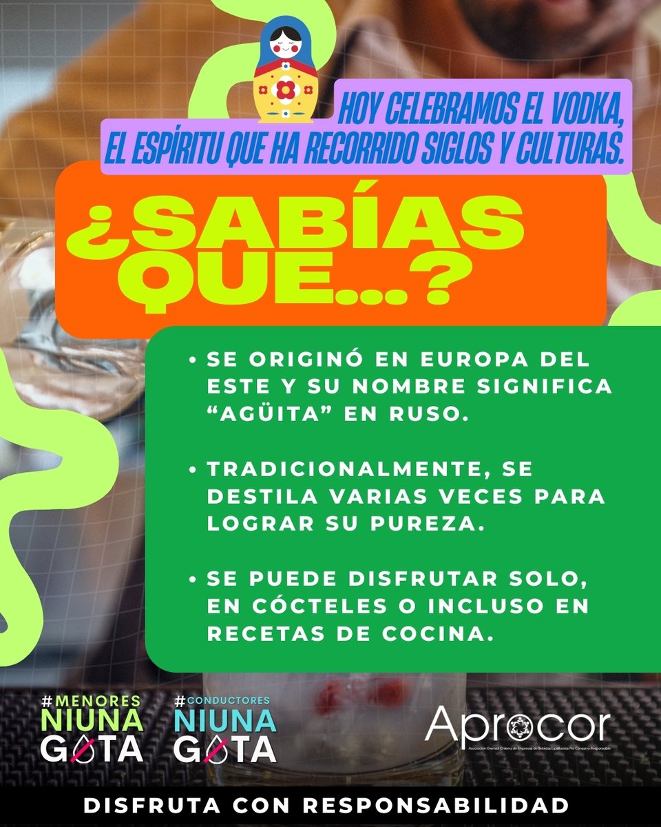 Hoy celebramos el Día del Vodka, una oportunidad para disfrutar de su sabor y tradición. 🍹
En Aprocor recordamos que el consumo responsable es clave: hidrátate, come bien y nunca excedas tus límites. Y si eres menor de edad, #MenoresNiUnaGota.