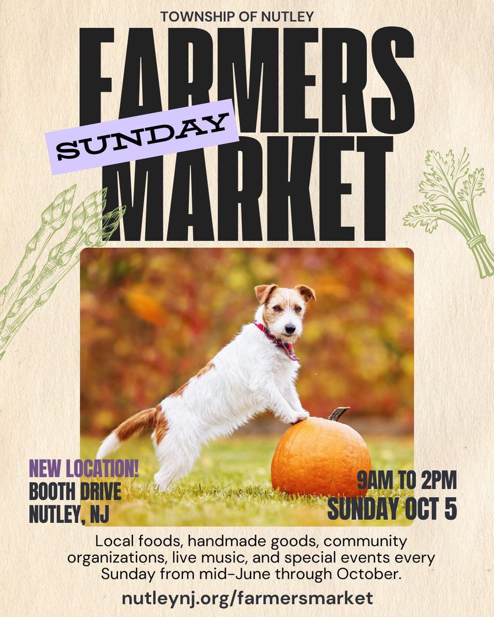 🐶 Paws in the Park at Oct 5 #NutleyFarmersMarket! Bring your donations for <a href="/nfsb/">NutleyFamilyService</a> Fur Pet's Sake Pet Pantry.
🍎 Get your <a href="/JerseyFreshNJDA/">Jersey Fresh</a> produce, food, beverages, flowers, and handmade goods.
🎷 Music by Paul Schaefer
🌱 Rutgers Master Gardeners of Essex County
📖 <a href="/nutleylibrary/">Nutley Library</a>