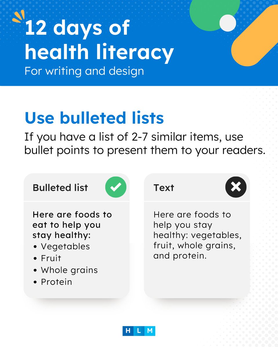 HealthLitMedia's tweet image. 🧱Paragraphs are like walls of text. 🚪Bullets are like open doors. Use them to guide readers through. #PlainLanguage #HealthLiteracy #HealthLiteracyTips #12DaysofHealthLitTips #HealthLiteracyMonth