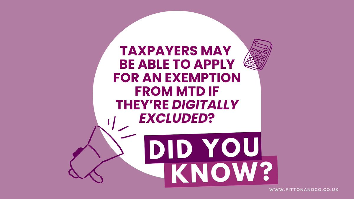 FittonandCo's tweet image. Did you know some taxpayers may be able to apply for an exemption from MTD if they’re digitally excluded?

If you think you might qualify, don&apos;t hesitate to reach out! 

📞 01422 846583 | 📧 office@fittonandco.co.uk
#MakingTaxDigital
#DigitalExclusion
#TaxSupport