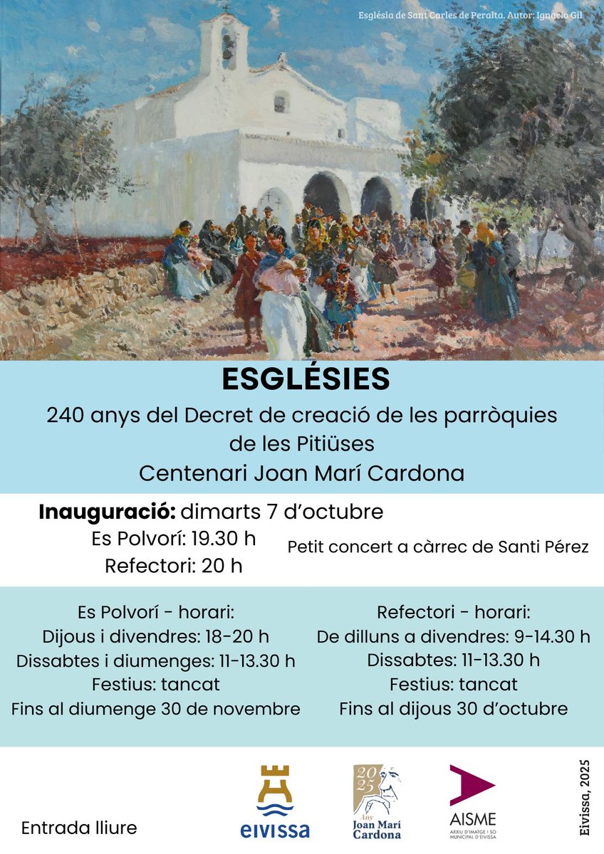 Dimarts 7 inauguram ‘ESGLÉSIES’ al #Polvorí i al #Refectori. Centenari Joan Marí Cardona. 240 anys del decret de creació de les parròquies de les Pitiüses. Obres de Vicent Calbet, Carloandrés, Ferrer Guasch, Ignacio Gil, Toni Pomar, Adrià Rosa, Bartomeu García ⁦<a href="/ajeivissa/">Ajuntament d'Eivissa</a>⁩