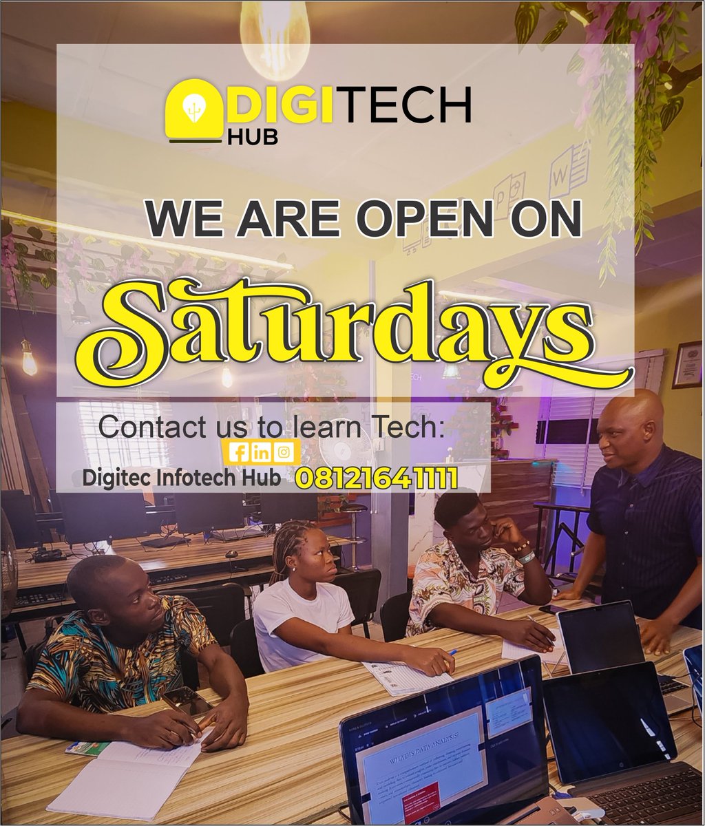 digitecinfotech's tweet image. 💡 Learning doesn’t stop on weekends!
We’re open every Saturday at DigiTech Hub, where creativity meets technology.
📞 Call 08121641111 to join our tech classes today!
#WeekendLearning #LearnTech