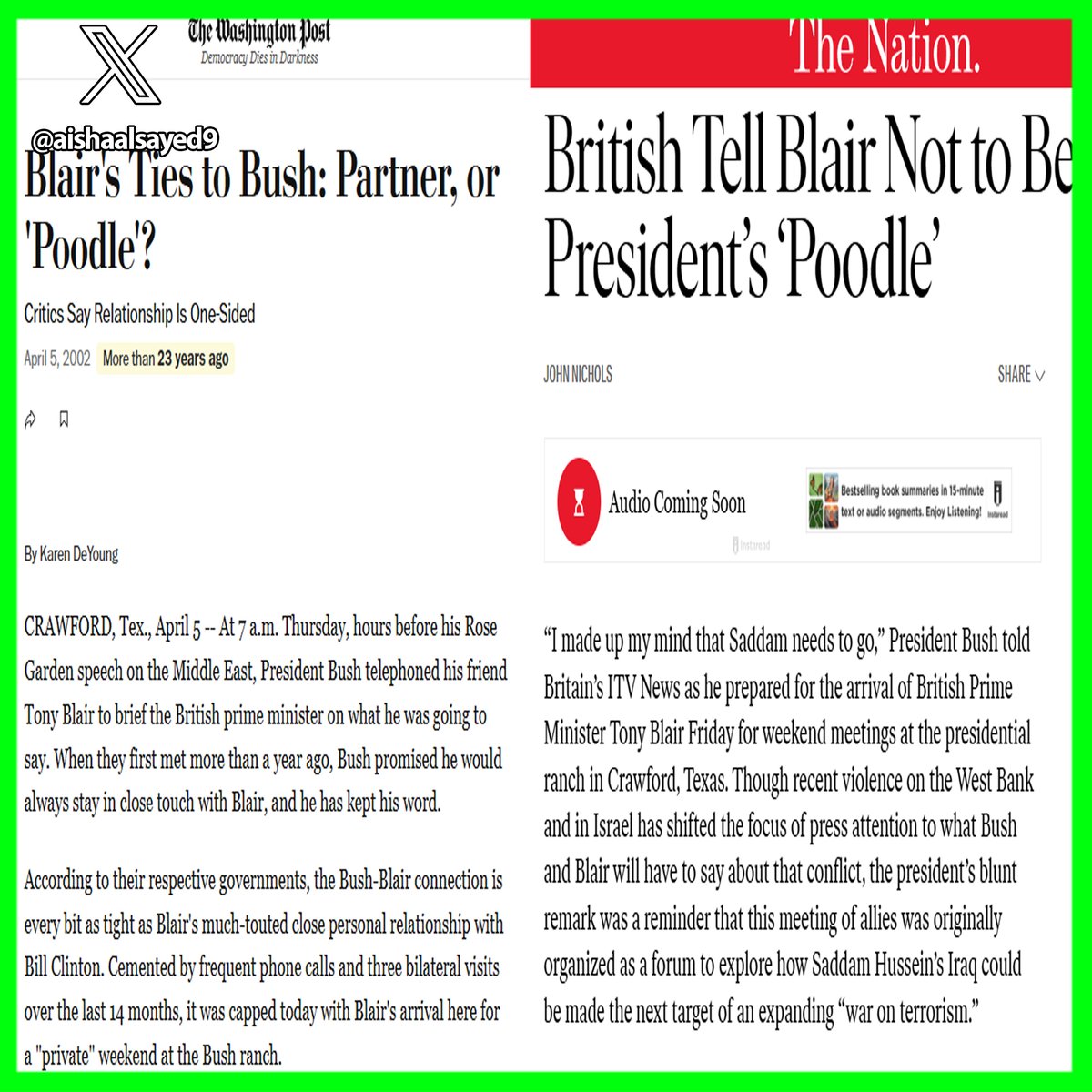 الامر ليس مجرد علاقة اقتصادية او سياسية بل هي صداقة قديمة وعميقة
لن اتحدث عن شبهات الفساد الخاصة بنجيب ساويرس طول عقود
السؤال المهم، لماذا توني بلير؟
هل قرأ نجيب ساويرس صحف بلد توني بلير نفسه وماذا كتبوا عنه؟
استخدموا عبارات عبارات مثل «Bush's poodle» أو «lapdog Blair» (يعني كلب