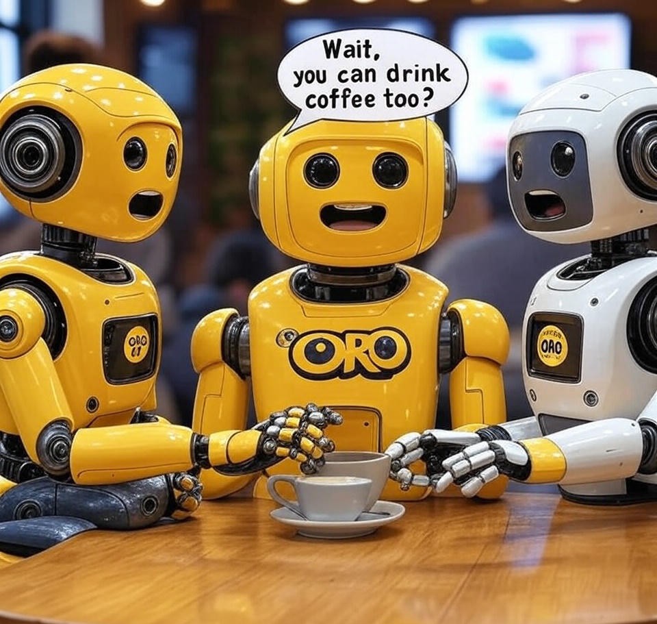 Demodex777's tweet photo. βπ€Robot coffee crisis!
It seems even ORO robots dream of a cup of coffee, but for now all they can do is stare at the Wi-Fi! π Will someone teach them to drink, or at least pretend to?
#ORO #AIHumor #CoffeeFail #RobotsNeedUpgrades https://t.co/pi0UUruwCA