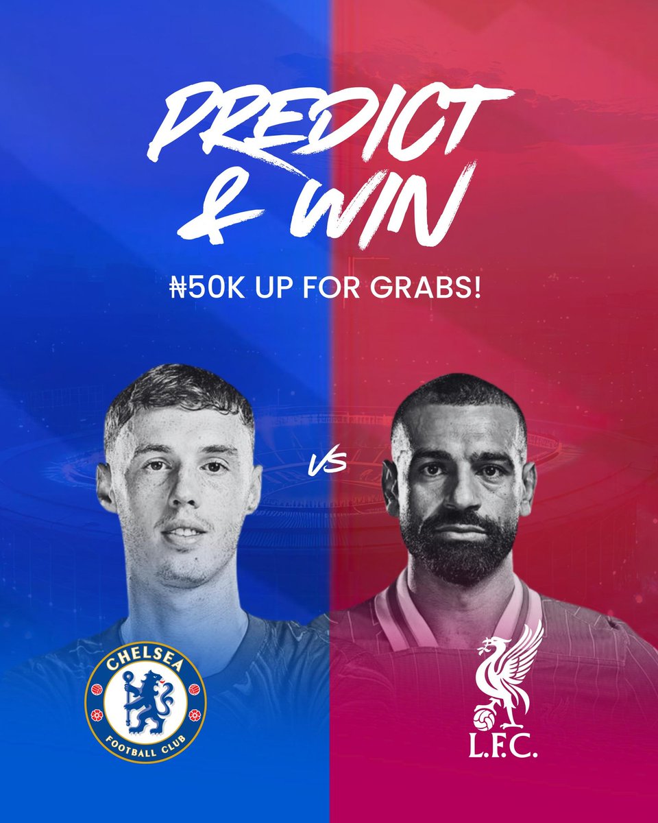 🚨 PREDICT &amp; WIN*
Chelsea vs Liverpool 

₦10,000 each to 5 lucky winners who predict the CORRECT SCORE. 

Rules to win: 
- Follow my friends <a href="/odionmatics/">Odion Aleobua</a> &amp; <a href="/esentry_mssp/">esentry</a>
- Comment your predictions with the screenshot. 

Predictions end at kick off.
Winners will be selected at