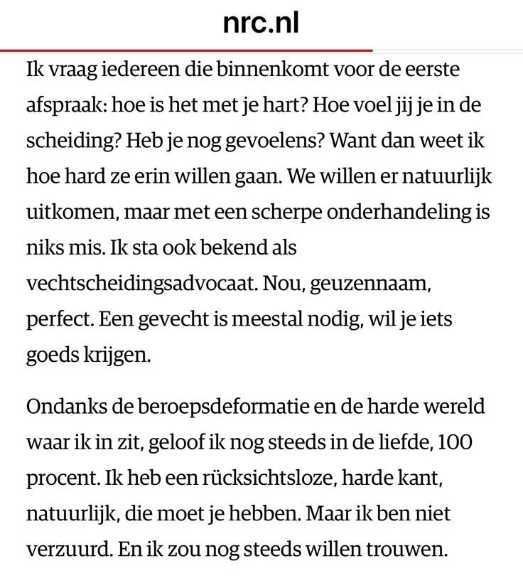 Hierbij mijn  bijdrage aan het NRC artikel "Scheiden raakt elk aspect van je leven"  waarin ik vertel over de vele lagen die een scheiding raakt. 
#laurahoogenraad 
#nrc 
#conchitaindemedia 
#vechtscheidingsadvocaat 
#conchitatopadvocaat
