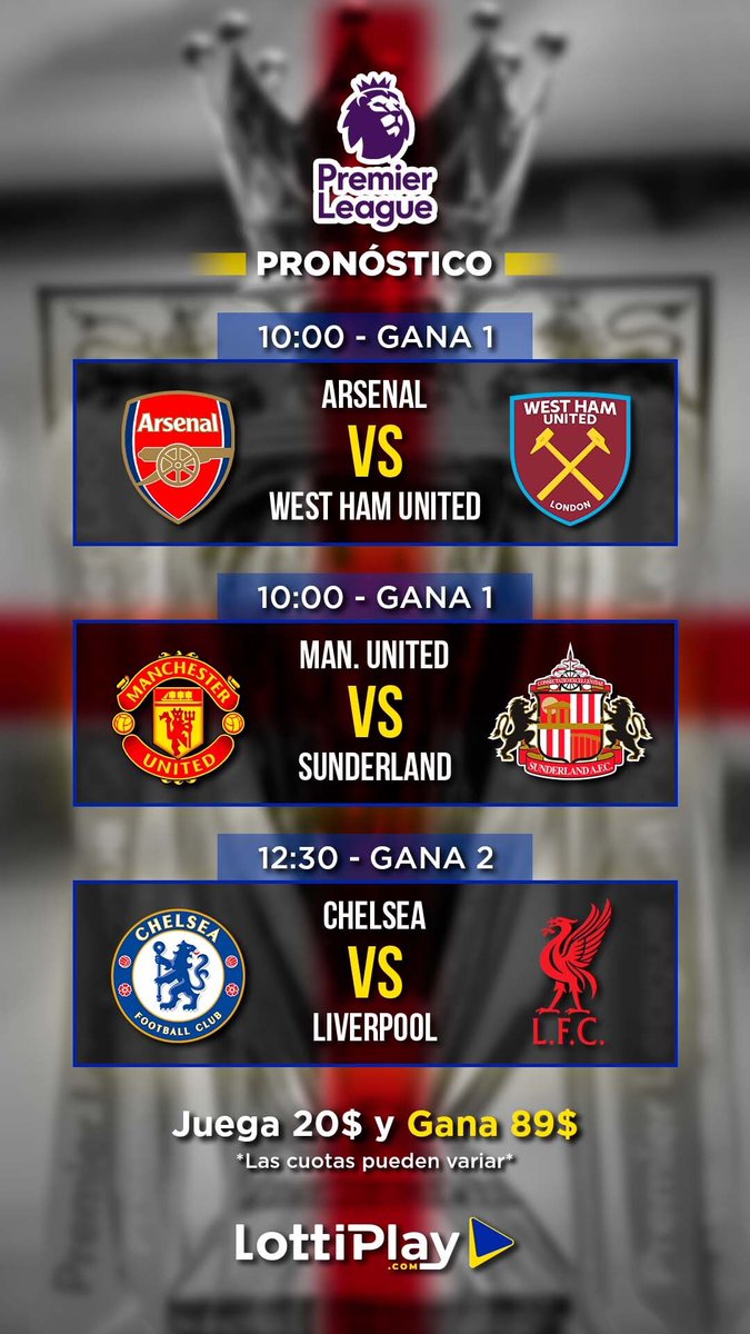 Pronóstico Premier League:
- 10:00 ⏰ Gana 1 🏠
- 10:00 ⏰ Gana 1 🏠
- 12:30 ⏰ Gana 2 🛫

Apuesta $20 y puedes ganar $89 💸 (cuotas sujetas a cambio)  
#LottiPlay #PremierLeague #Pronósticos #ApuestasResponsables 🎯📊