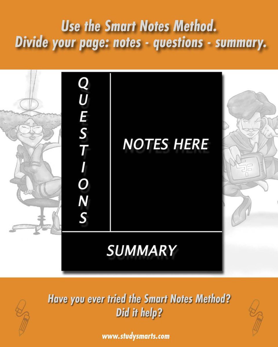 StudySmarts's tweet image. Use the Smart Notes Method.

Divide your page: notes - questions - summary.
 
Have you ever tried the Smart Notes Method? Did it help?

#SmartNotes #SchoolSuccess #StudyBetter