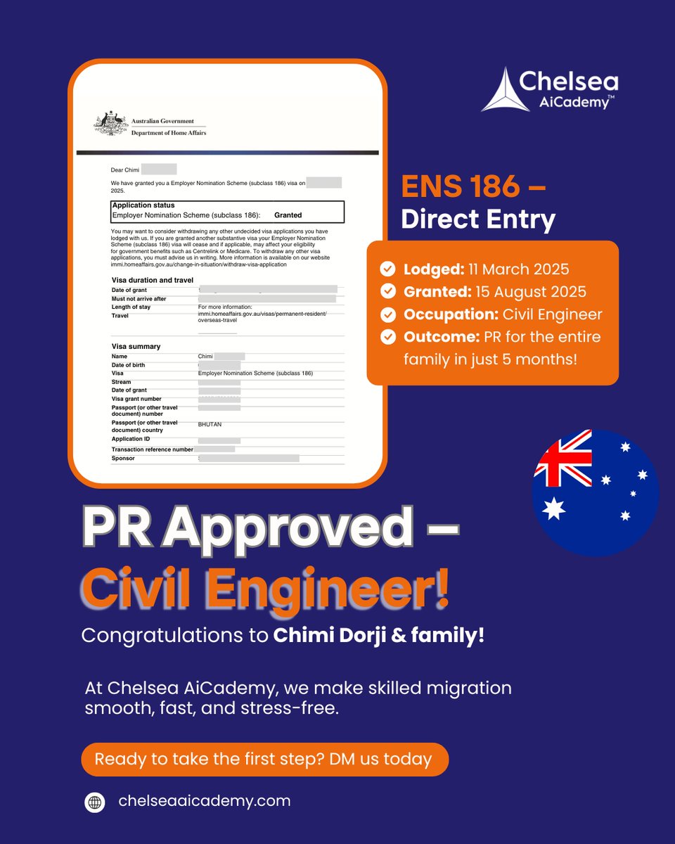 chelseaaicademy's tweet image. 🎉 PR Approved – Civil Engineer! 🇧🇹✈️🇦🇺

ENS 186 – Direct Entry 

📌 Occupation: Civil Engineer

💼 No delays. No confusion. Just results.

📩 DM us now or tap the link : 🔗  | zurl.co/TO5L

#PartnerVisa #Subclass309 #AustraliaVisa #VisaSuccess