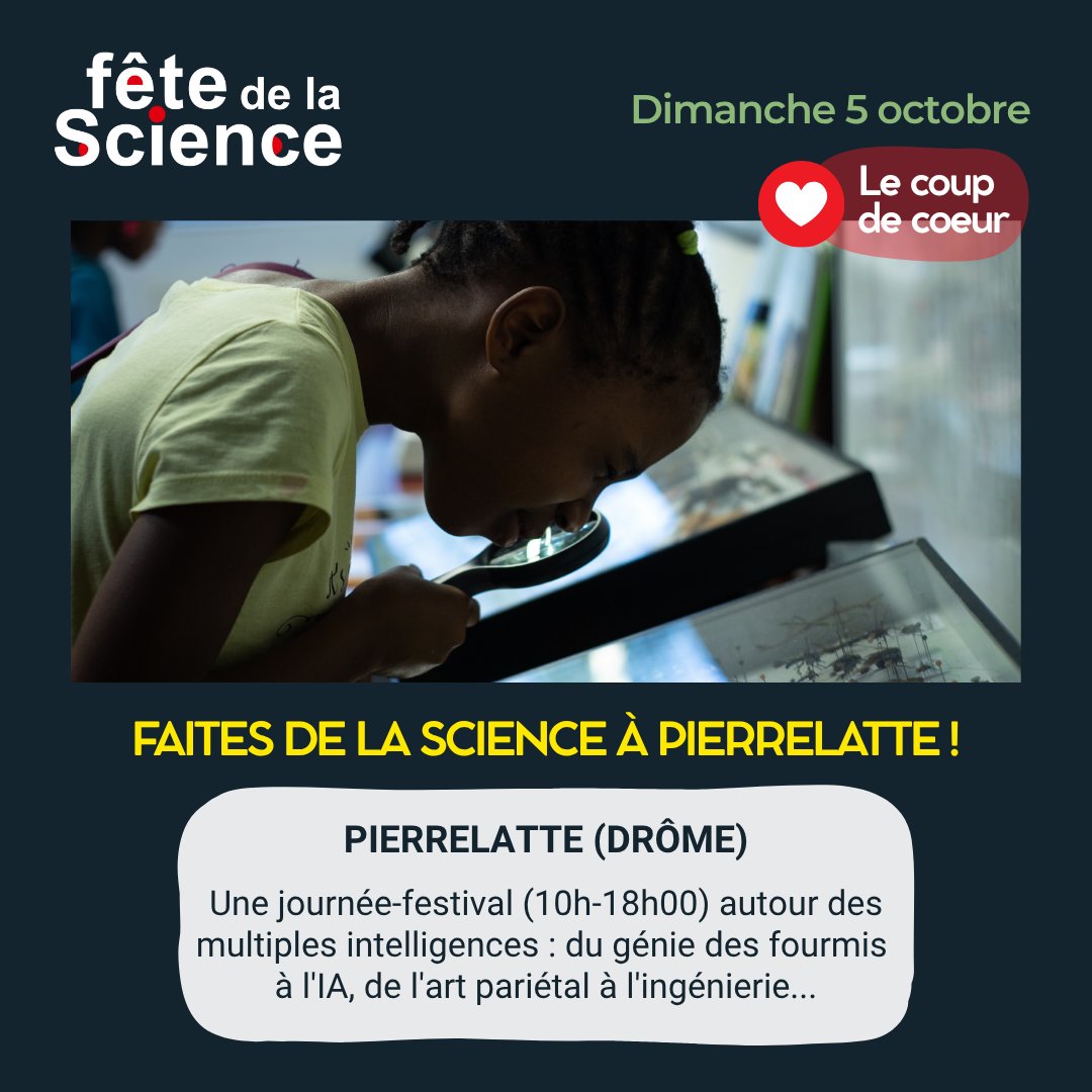 FeteScienceAura's tweet photo. ❤️ L'événement « coup de coeur » de demain : le micro-festival « Faites de la science » à Pierrelatte (07) pour explorer toutes les intelligences, des fourmis à l'IA !   

👉 Infos : https://t.co/yPTzOcEZG1
👀Prog. régionale @FeteScience : https://t.co/BirTngcWOG 

#FDSAURA https://t.co/v6q3cP0Ohk