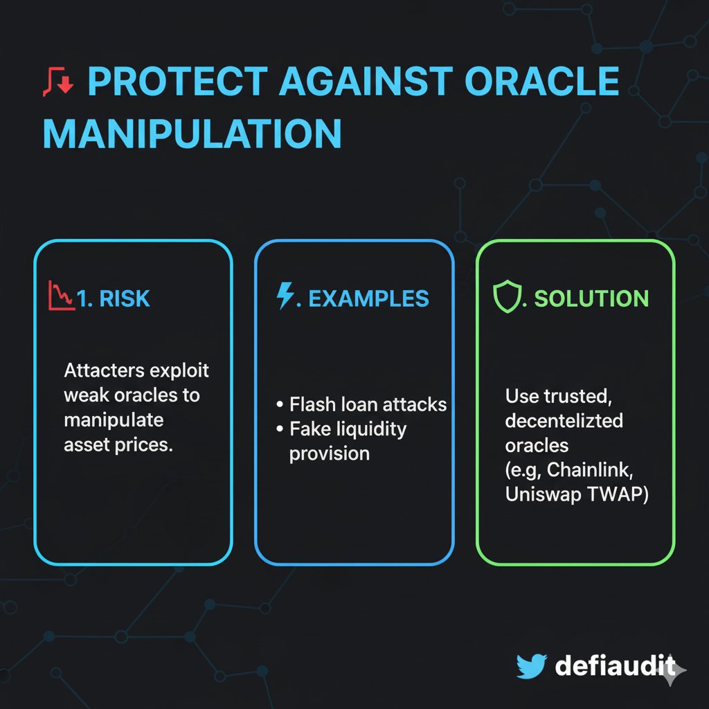 DeFiAudit's tweet image. 📉 Beware of Oracle Manipulation..
If your protocol depends on price feeds secure them with trusted oracles (Chainlink, etc.).

#DeFiSecurity #SmartContracts #Web3
Follow @defiaudit for more breakdowns &amp;amp; security checklists. 🔍