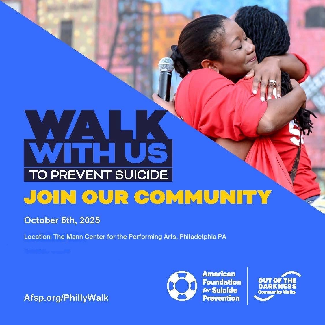 AFSPphilly's tweet image. 💙 Tomorrow’s the day!
Join us at The Mann Center for the Out of the Darkness Walk and help bring hope to those affected by suicide.

Check-in: 7:30 AM
Program begins at 8:00 AM
Walk Start: 8:30 AM

Register below if you haven’t already. See you there!

🔗 afsp.org/PhillyWalk