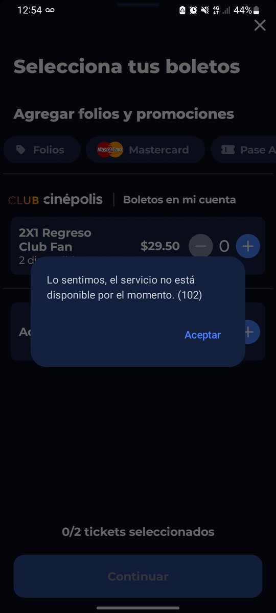 LexxShaddix's tweet photo. @AyudaCinepolis @JAVC3821 X2 a mi siempre me sale después de elegir boletos que hay un error servício no disponible al darle en sig, de ahi no paso, elija la opción que elija no me deja comprar. https://t.co/elQkUBzOMC