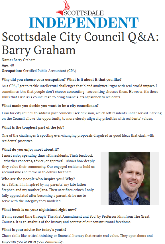 BarrySGraham's tweet photo. Thank you Scottsdale Independent for sharing a brief Q&A 😊📰🏜️