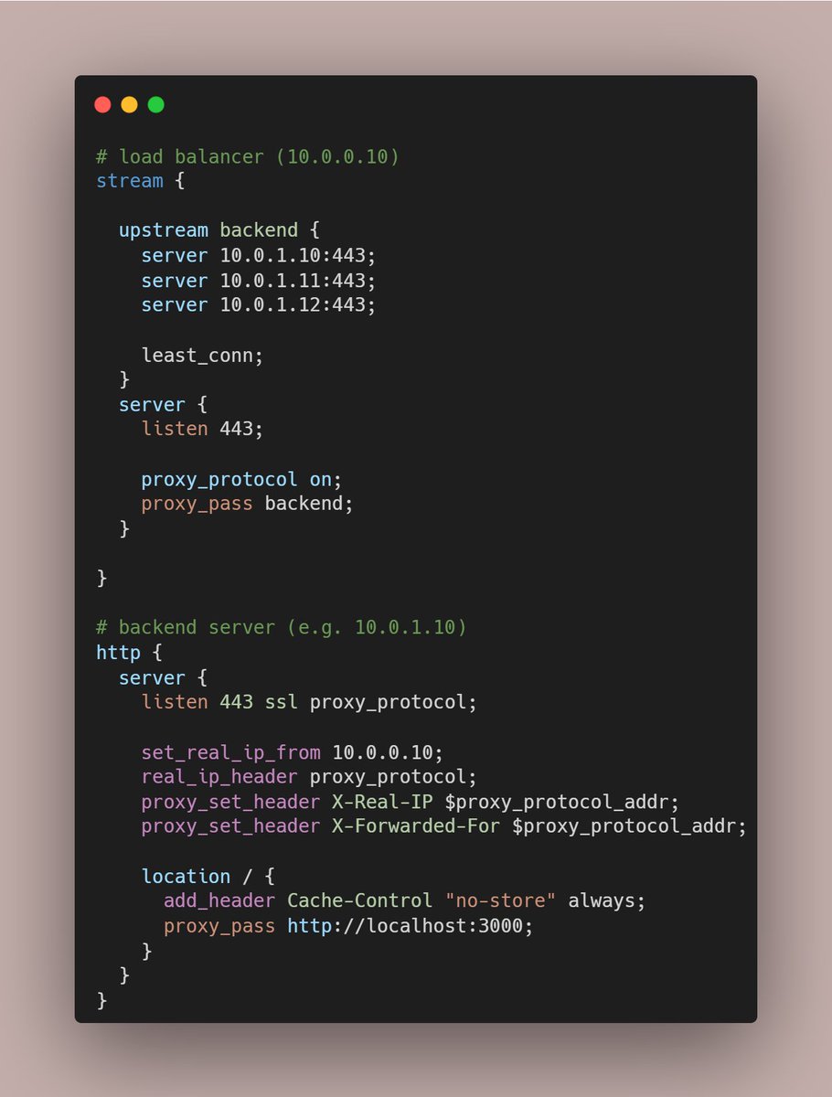 amarkeev's tweet photo. one problem people face when using nginx as load balancer is how to pass real client IP address to the backend servers

nginx supports ip transparency but network setup is complex

simpler way: use proxy_protocol between load balancer nginx and backend nginx! https://t.co/pjdsMEquf5