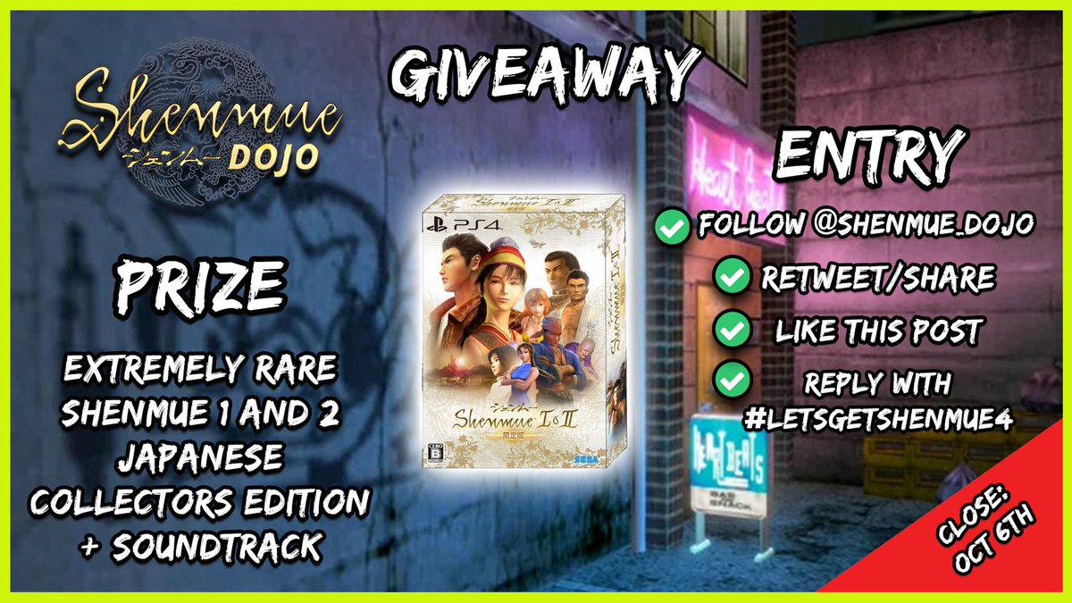 Shenmue_Dojo's tweet image. COMPETITION!

We have extremely rare Shenmue 1 and 2 Japanese Collectors edition + Soundtrack to giveaway on PS4

To Enter:
✅ Follow the Dojo
✅ Retweet/share
✅ Like
✅ Reply using #LetsGetShenmue4

Entries close September 6th. Winner announced by October 8th!

Open WORLDWIDE!…