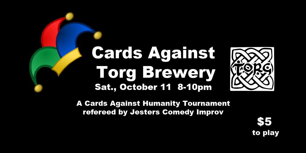 Let your inappropriate self shine next Saturday
when Jesters Comedy Improv and Torg Brewery
host Cards Against Torg Brewery
ow.ly/Iw2w50X4Bqa
#cardsagainsthumanity #cardtournament #comedyshow #tabletopgames #torgbrewery #funthingstodoanoka